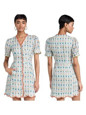 NWT Saloni London Marlee Embroidered Linen Mini Dress Blue Orange Size: 12